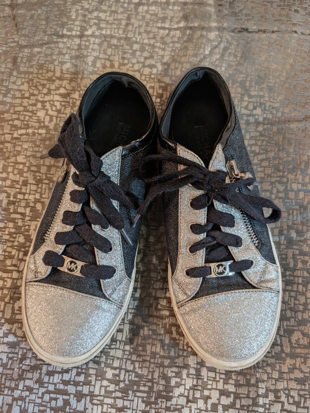 Michael Kors Silver Glitter and Black Lace-Up Sneakers with MK Charms